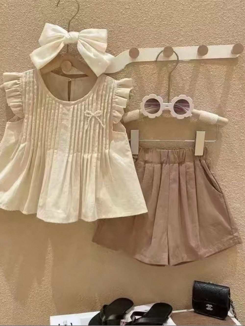 Girls' Cream Ruffle Front Top and Tan Shorts Set size 3T